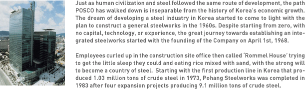 Just as human civilization and steel followed the same route of development, the path POSCO has walked down is inseparable from the history of Korea’s economic growth.
The dream of developing a steel industry in Korea started to come to light with the plan to construct a general steelworks in the 1960s. Despite starting from zero, with no capital, technology, or experience, the great journey towards establishing an integrated steelworks started with the founding of the Company on April 1st, 1968. Employees curled up in the construction site office then called ‘Rommel House’ trying to get the little sleep they could and eating rice mixed with sand, with the strong will to become a country of steel.  Starting with the first production line in Korea that produced 1.03 million tons of crude steel in 1973, Pohang Steelworks was completed in 1983 after four expansion projects producing 9.1 million tons of crude steel.